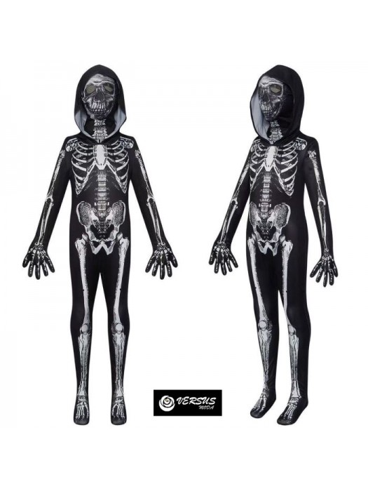 Vestito Carnevale Halloween Scheletro Morte Tuta con Cappuccio SCHELETRO02